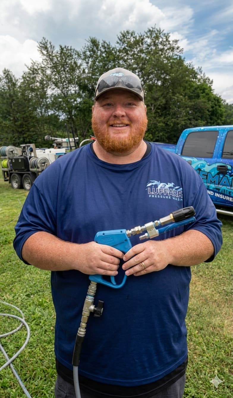 Wes Luffman, owner of Luffman's Pressure Washing, with spray gun and branded shirt