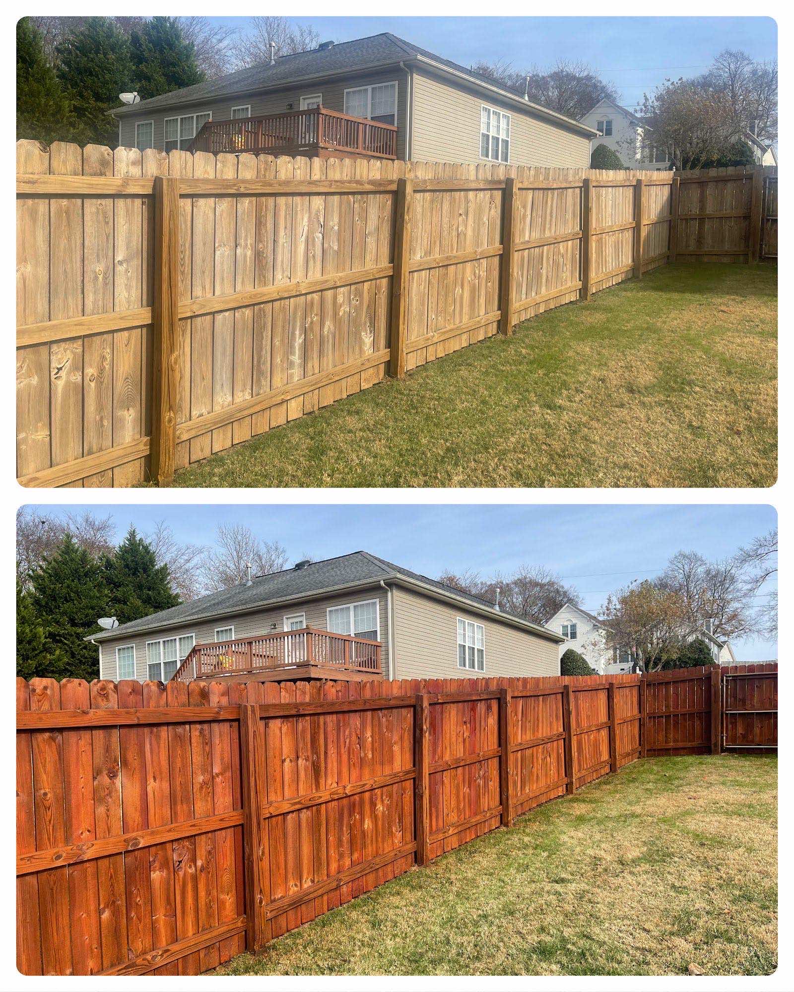 Before and after cedar fence staining in Nolensville, TN showing weathered wood restoration