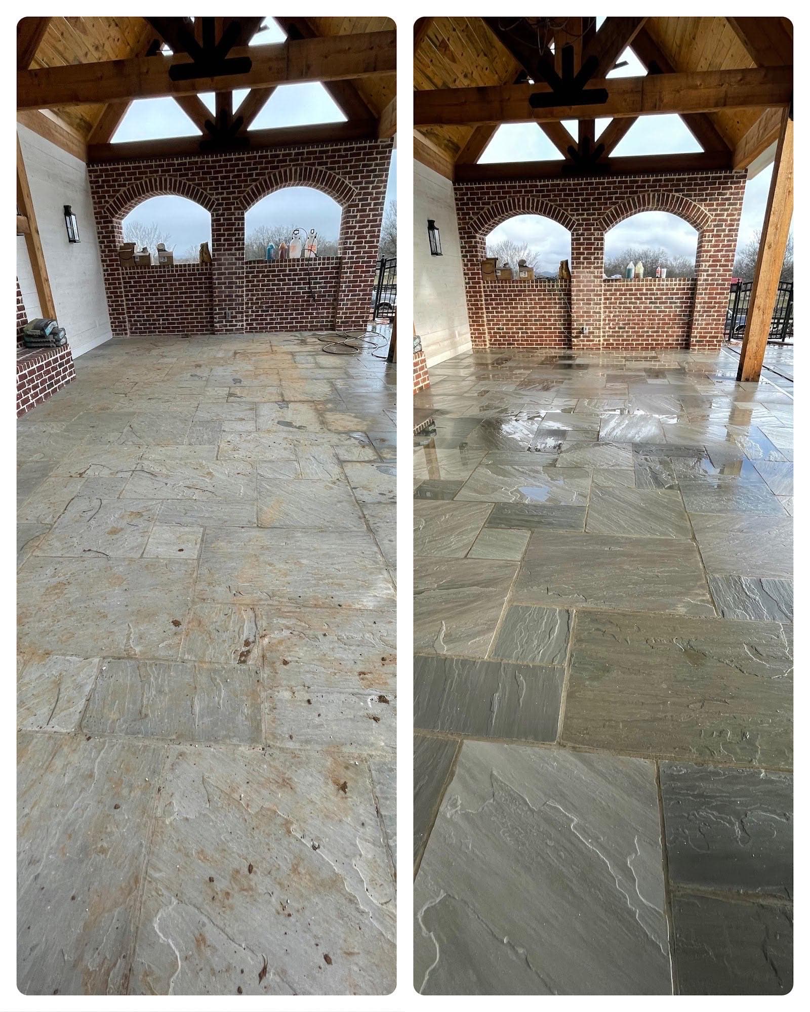 Before and after flagstone patio cleaning in Franklin, TN
